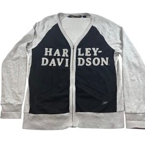 Harley-Davidson Womens Ivory Black Zip Up Cardigan Embroidered Logo L VTG Goth